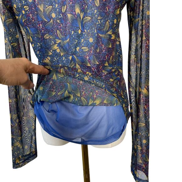 Anthropologie Sheer Mock Neck Top Blue Paisley Artsy Lightweight Size Medium - Picture 7 of 11
